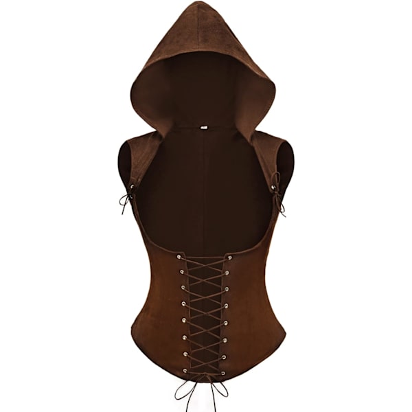 INE FURPHI Dam Steampunk Underbust Korsett Väst med Huva Spets Up Ärmlös Pirat Gotisk Kostym Topp Brun Stor