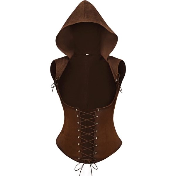 INE FURPHI dam Steampunk underbyst korsettväst med huva snörning Ärmlös Pirate Gothic Costume Top Brun 3X-Large