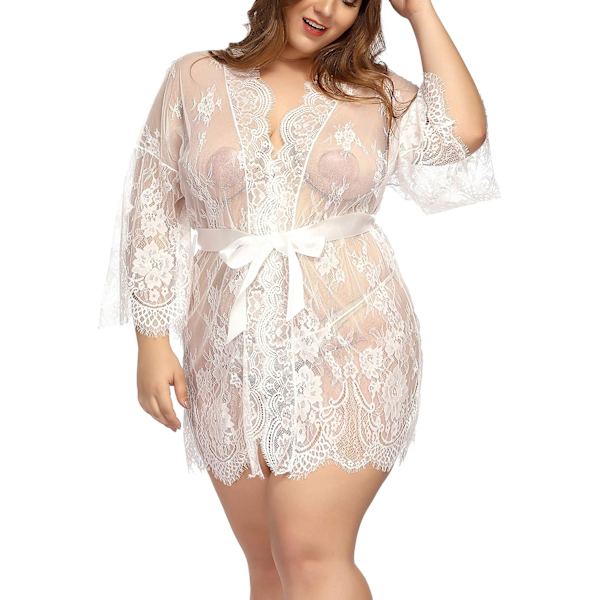 Dam Lingerie Spets Plus Size Kimono Robe Mesh Nattlinne Klänning Set Vit X-Large
