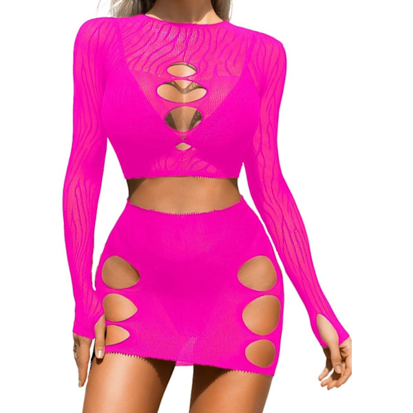 UYAB Sexig Dancewear, Exotisk Lingerie Tvådelad Set, Club Party Outfits Neonrosa