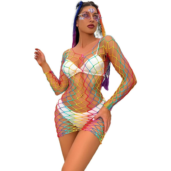 Sexig Teddy Rainbow Fishnet Chemise Hot Mesh Miniklänning Lingerie Babydoll Bodysuit Genomskinlig Cover Up Klänning Långärmad Dre One Size