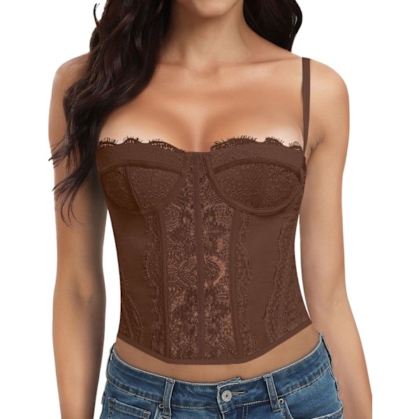 LLEY Fashion Lace Bustier Korsett Crop Tops för kvinnor med spänne - Sexig utgångstopp Brun Stor