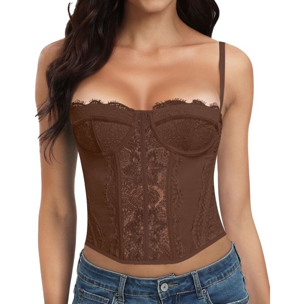 LLEY Fashion Spets Bustier Korsett Crop Tops för kvinnor med spänne - Sexig Going Out Top Brun XX-Large