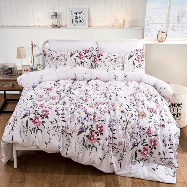 Fral Påslakan Set Queen Vändbar Rosa Blommönster Tryckt Sängkläder Täcke Överdrag med Dragkedja Stängning Band, 3 Delar (1 Påslakan + 2 örngott)