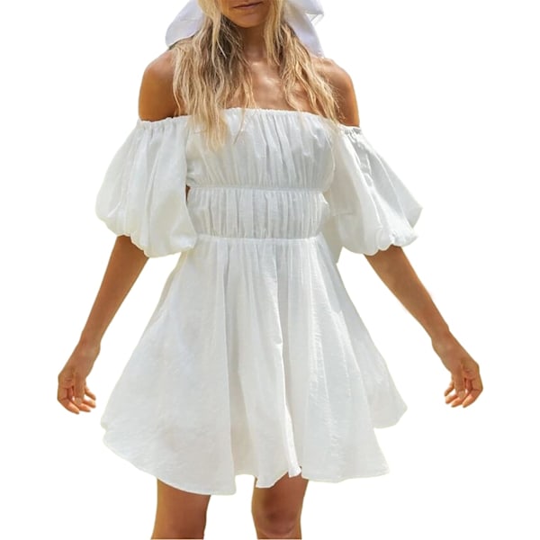 ivimos Sommarklänning för kvinnor, kort puffärm, bohemisk, off shoulder, casual, smockad, swing, miniklänning, vit, stor
