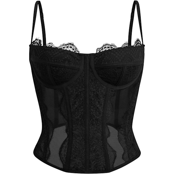 lmore Dam Sommar Spets Bustier Mesh Sexig Vintage Spaghetti Rem Öppen Rygg Benad Korsett Utgående Fest Crop Top Svart X-Small