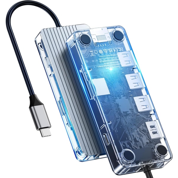 USB C-dockningsstation, 8-i-1 transparent dockningstation med 3*USB3.0 typ-A-port (5 Gbps), 4K HDMI, RJ45 (1000 Mbps), TF & SD, typ-C PD100W, grå 8-i-1