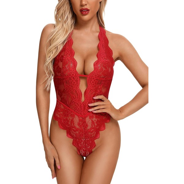nmei Sexig Underkläder för Kvinnor Ihålig Blomspets Bodysuit En Delad Underkläder Djup V Teddy Babydoll Underkläder Röd 4X-Large
