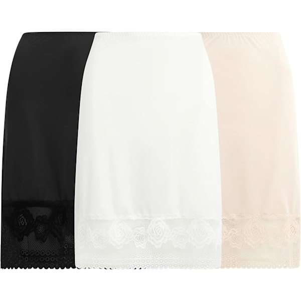 e to Live 3-pack damhalvslip med blomspets, knälång underskirt - förlängare svart, nude, elfenben stor