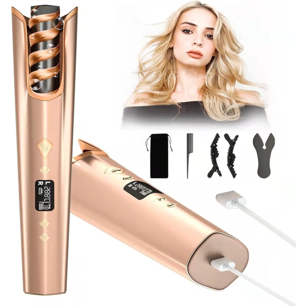 Yaoly hårrullare för långt hår - sladdlös automatisk hårrullare, curlingstav med LCD-skärm, justerbar temperaturtimer för hårstrån, USB Recha