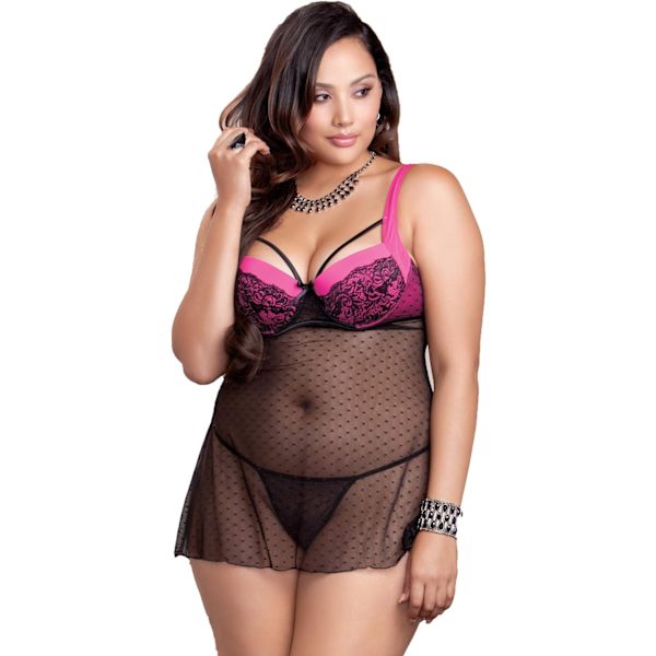 llection Damkläder Plus Size Dot Mesh, Spets och Mikrofiber Babydoll Fuchsia-svart 1X