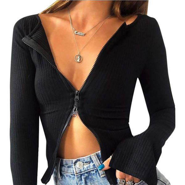 Sexig Ribbstickad Croppad Topp Dubbel Dragkedja Långärmad Toppar T-shirt för Causal Fest Streetwear Svart Stor