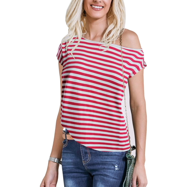 oco 80-tals off Shoulder-tröjor för damer Kortärmad Casual Loose Fit Blus T-shirt Röd & Vit Randig Liten