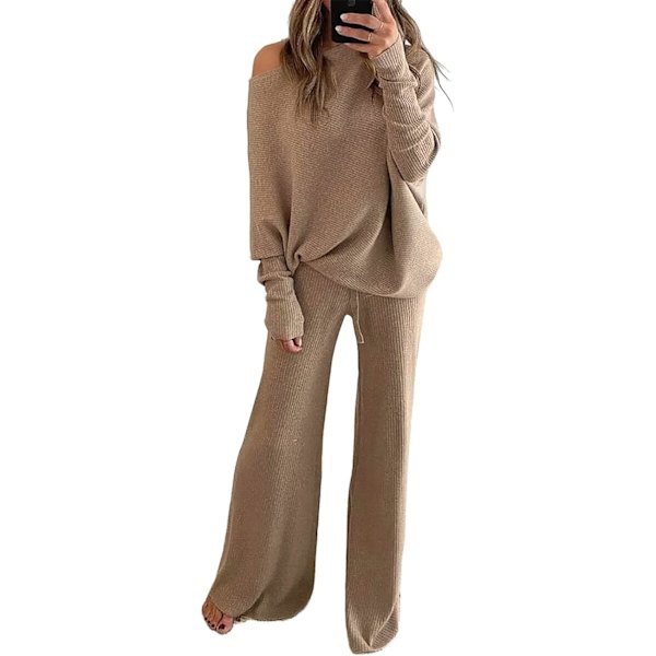 pee Dam 2-delad Sweatsuit Set Lös Topp Bredbenta Byxor Ribbade Loungewear Stickade Outfits Khaki Liten