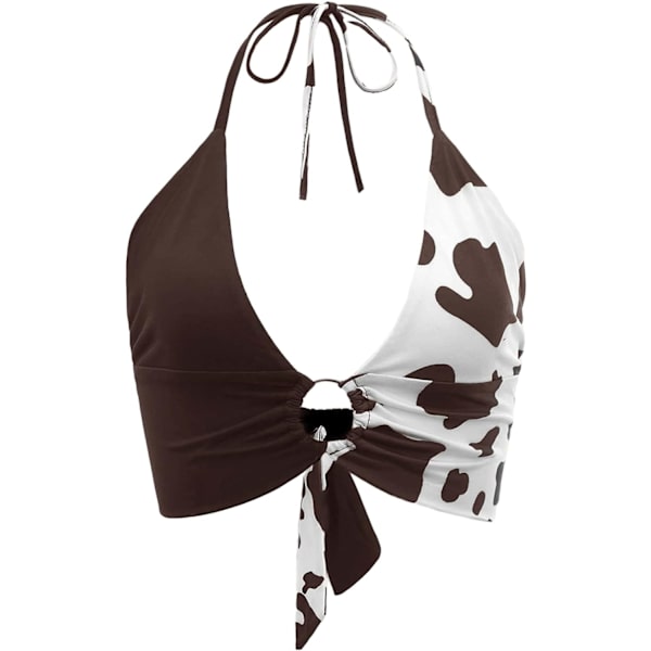 dusa Kvinnors Ko Tryck O Ring Djup V-Hals Slips Rygglös Klippt Halterneck Topp Brun Vit X-Small