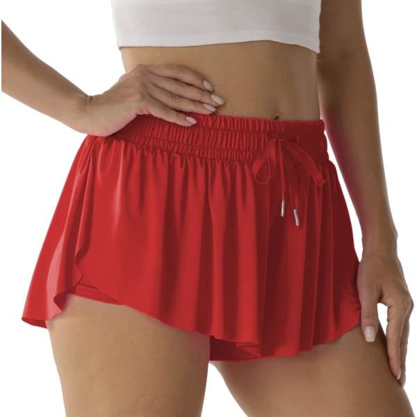 Atletiska shorts för kvinnor löpning tennis fjärilsshorts flickor 2-i-1 dubbellager snabbtorkande bekväma shorts Röda små