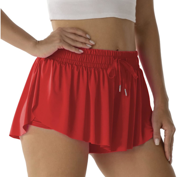 Sportsshorts för kvinnor löpning tennis fjärilsshorts flickor 2-i-1 dubbla lager snabbtorkande bekväma shorts röd medium