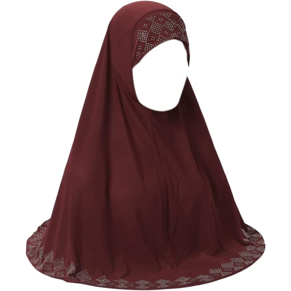 YC Kvinnor Shiny Rhinestones Muslim Hijab Elegant Lång Turban Cap Huvud Wrap Scarf Vinröd