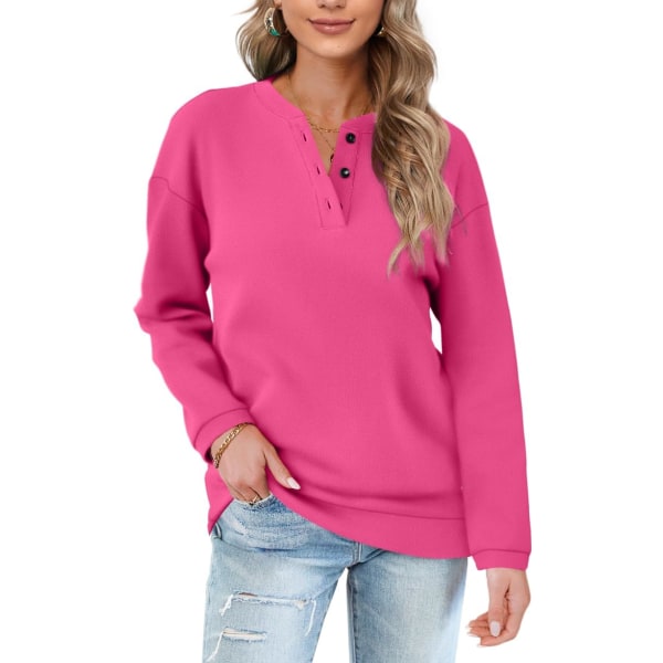 EFAN Casual Sweatshirts för kvinnor Henley Button Up Långärmad Tunika Toppar 05-rosa X-Large