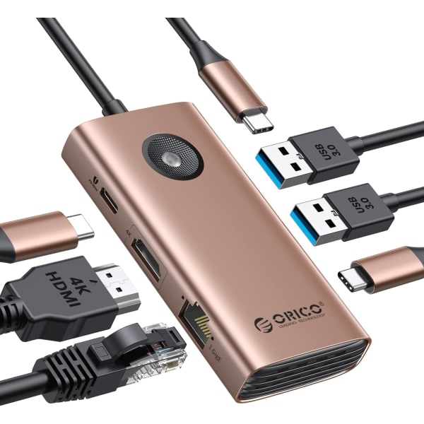 6-i-1 USB C-dockningsstation med 1000 Mbps Ethernet, USB C till HDMI 4K, 100 W strömförsörjning, 3 USB 3.0-portar Typ C-hubb för MacBook Pro, Chromebook Go