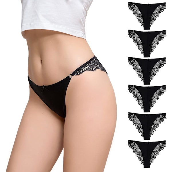 avia 6-pack spetsbyxor för kvinnor, mjuka stretchiga No Show Tanga, sexiga Cheeky Underwear, sömlös framdesign Svart*6 Large