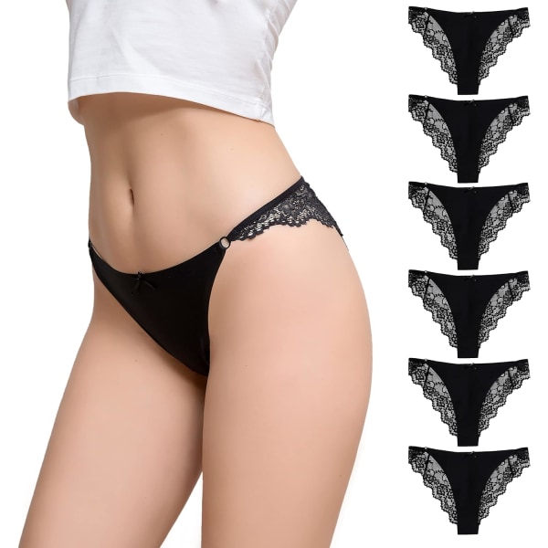 avia 6-pack spetsbyxor för kvinnor, mjuka stretchiga No Show Tanga, sexiga Cheeky Underwear, sömlös framdesign Svart*6 Small