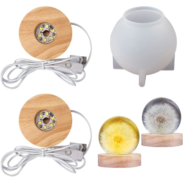 D Kul rund mould med lamphållare, sfärformad mould Harts LED-lampa Epoxihartsformar Hantverksgjutning (2 trädisplaysockel + 1 rund sili