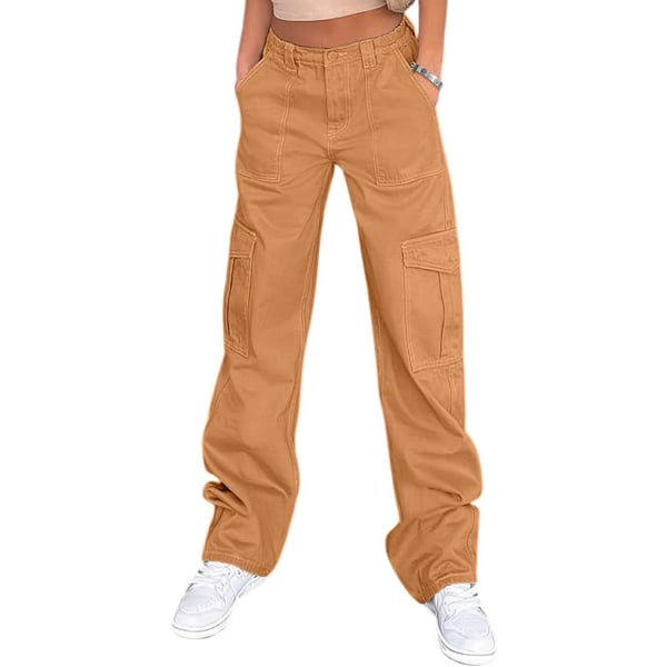 uo Cargo-byxor för kvinnor med hög midja, lediga byxor, baggy, stretchiga, vida ben, Y2K Streetwear med 6 fickor, korallguld, små