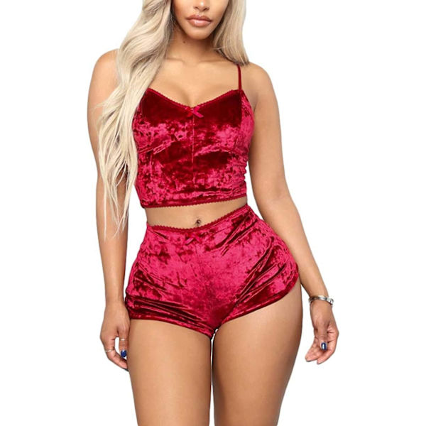 suttc Dam 2-delad sammetsoutfit med spaghettiband och ärmlös crop top + shorts