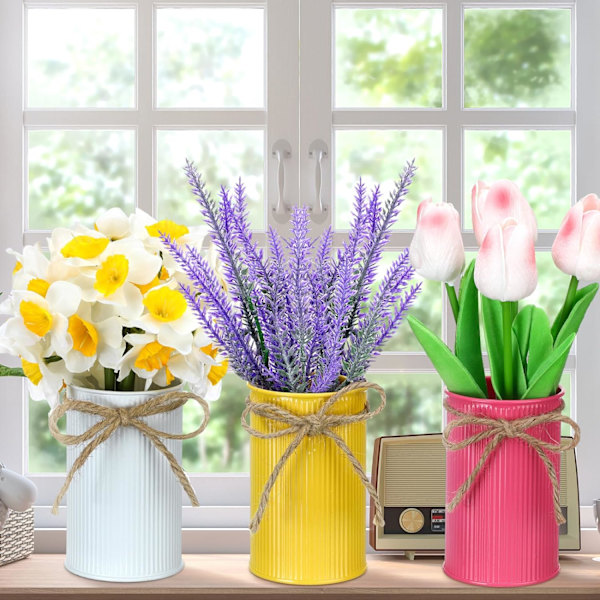 une 3 Pack Konstgjorda Tulpan Faux Lavendel Påskliljor Växter med Metallkruka Vår Dekor Tulpan Blommor Konstgjorda Krukväxter T Ljus Stil