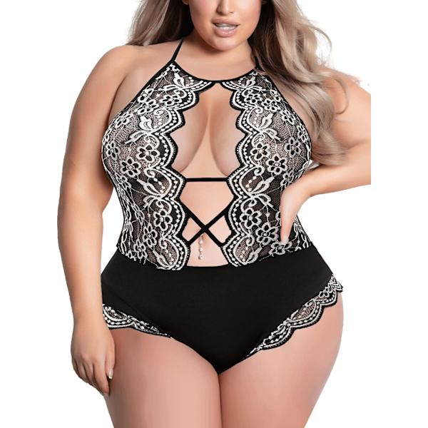 sv Sexig Plus Size Lingerie, Hög Hals Kontrast Spets Teddy Halter Plunging Criss Cross Bodysuit One Piece Outfit Svartvit 4X-Large