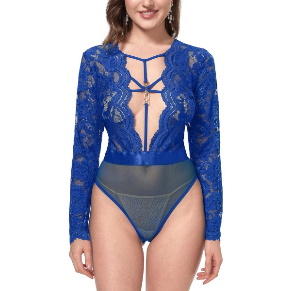 gerLove Plus Size Kvinnor Teddy och Robe Set Hög Hals Spets Sheer Mesh Sexig Underkläder Royal Blue Medium / Large