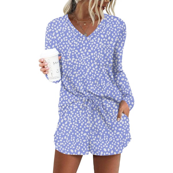 MOON Långärmad set för kvinnor 2 delar söta korta pyjamasset med fickor Sleep Wear Blå prickig XX-stor