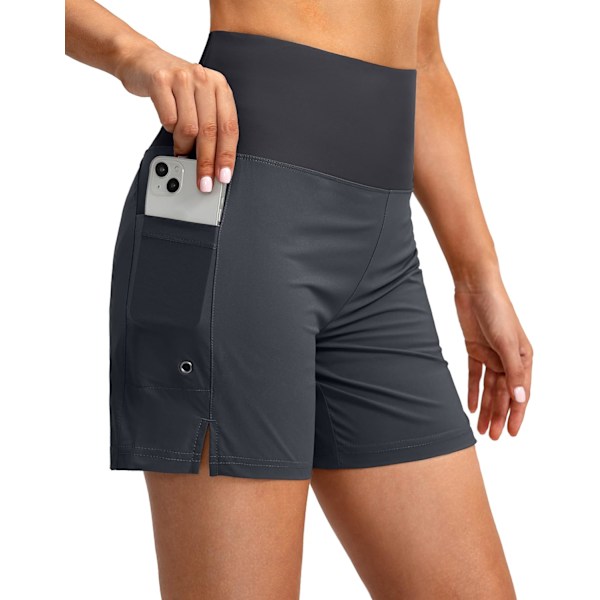 dual Dam 5\" High Waisted Swim Board Shorts med telefonfickor UPF 50+ Snabbtorkande badshorts för kvinnor med foder Mörkgrå X-Small