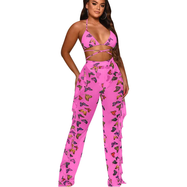 sv Beading Pearl Se Through Sheer Mesh 2-delade Outfits Jumpsuits Crop Top och Hollow Out Ruffle Långbyxor Butterfly Pink Large