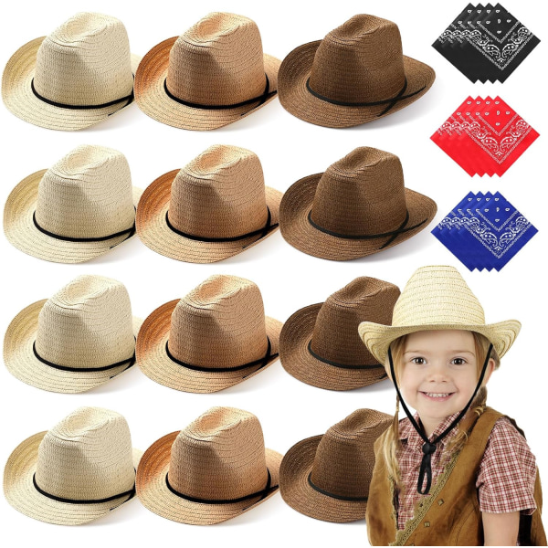 Set Kid Halm Cowboy Hattar med Snusnäsdukar Cowboy Dräkt Snusnäsdukar för Western Party Barn Dräkt Beige, Khaki, B