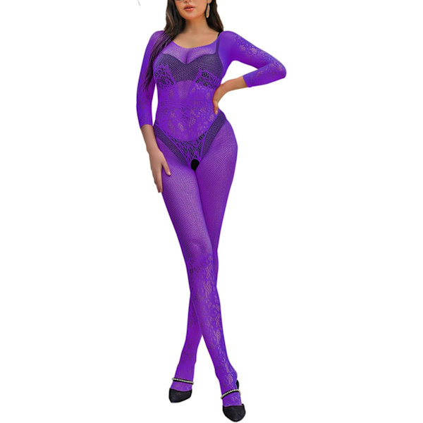 KELF Dam Fishnet Body Stocking Off Shoulder Långärmad Bodysuit Sexig Spets Lårhög Lingerie Lila En Storlek