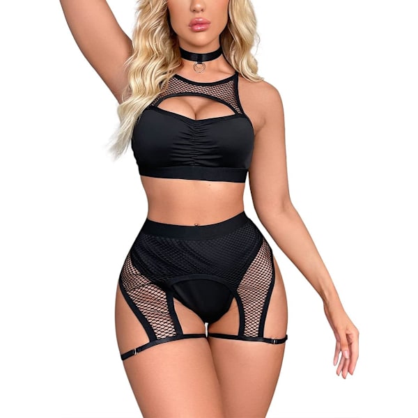 FIP Dam Rave Outfits Cutout Fishnet Top Booty Shorts Botten Choker 3Pcs Babydoll Nattkläder Festival Lingerie Svart X-Large