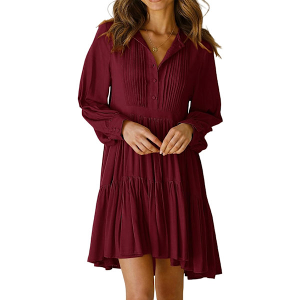 ivimos Dam Fall Långärmad Casual Bomull Volang Knapp Ned Lös Passform Miniklänning Bourgogne X-Large