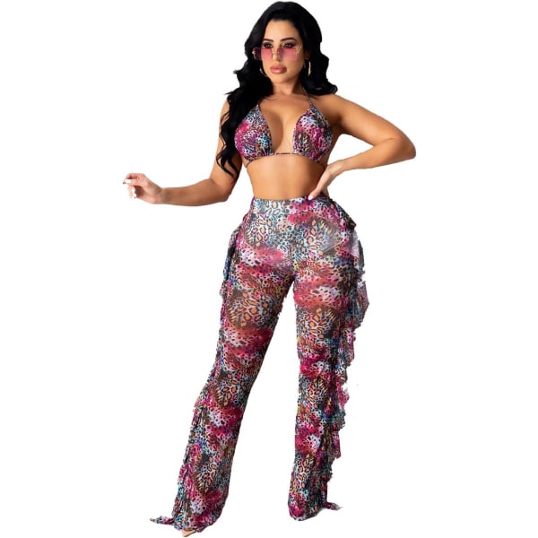 Beading Pearl See Through Sheer Mesh 2 Pieces Outfits Jumpsuits Crop Top och Hollow Out Ruffle Long Pants Färgglada X-Large