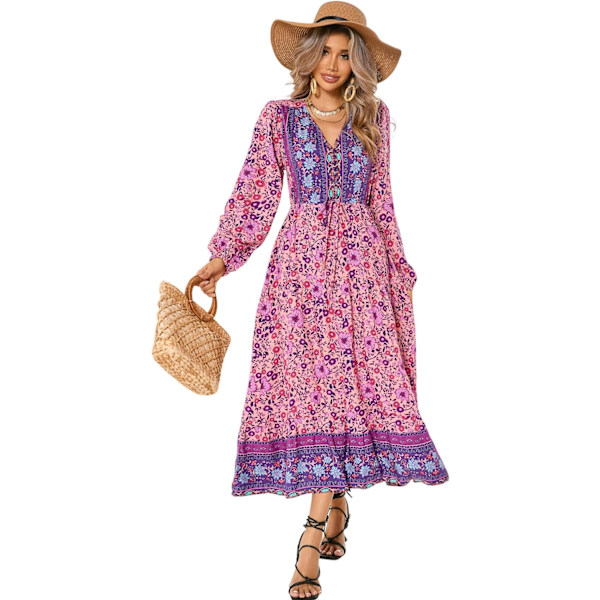ivimos Dam långärmad bomull V-ringning knapp upp blommig tryck Boho flytande midiklänningar Peachpink Stor