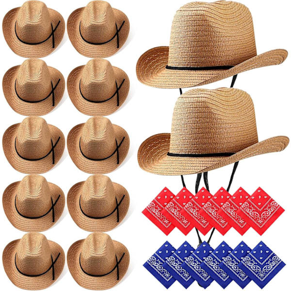 Set med halmcowboyhattar med bandanas, festpaket, cowboyhatt, kostymbandanas för huvud, westernfest, cowboytillbehör, khaki, klassisk stil
