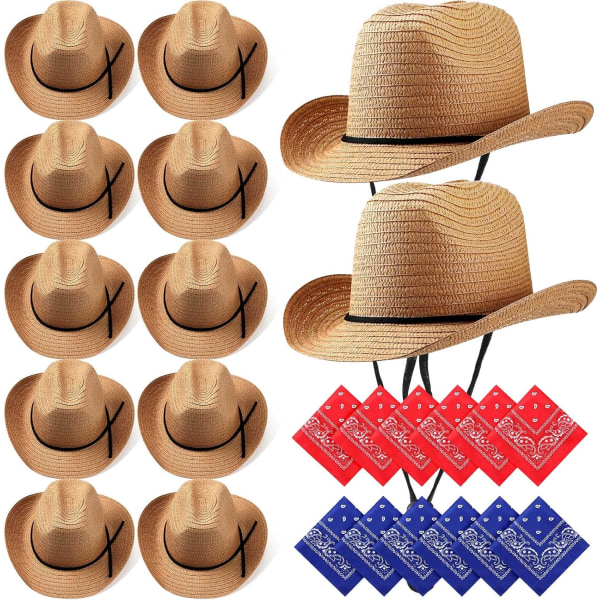 Set strå cowboyhattar med bandanas Party Pack Cowboyhatt Kostym Bandanas för huvud Western Party Cowboy Tillbehör Khaki Klassisk stil