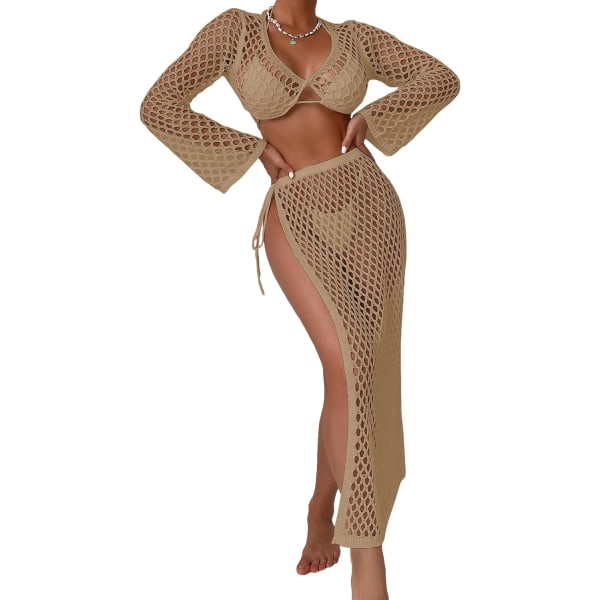 dusa Dam Hollow Out Crochet Crop Cover up Topp och knyt sidokjol Beach Bikini Cover Up Set Camel X-Large