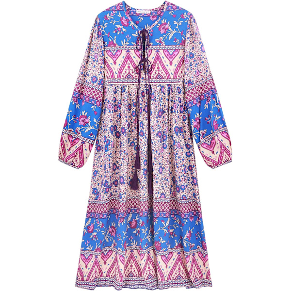 ivimos Dam långärmad blommig retro V-ringad tofs bohemisk midiklänning lila XX-Large