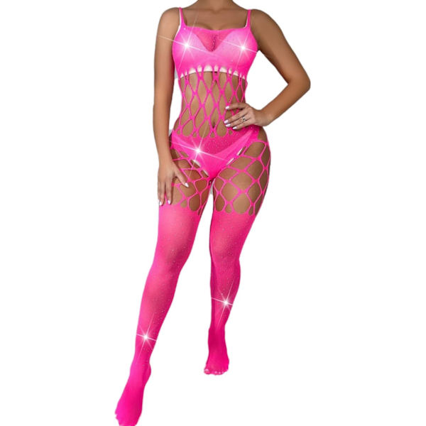 yoki Damkläder Lingerie Jumpsuit Glittrande Strass Sexig Teddy Bodysuit Mesh Bodystocking Bodycon Ros Röd