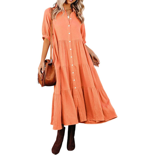 ivimos Dam Sommar Bomull Halv Ärmar Knapp Ned Casual Lös Slit Midi Klänning med Ficka Persika X-Large