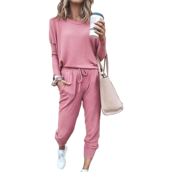 nya Dam 2-delade Sportkläder Långärmad Toppar och Byxor Set Träningskläder Rosa XX-Large
