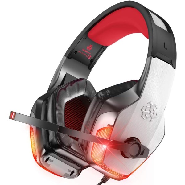 GOO N12 Gaming Headset för PS4, PC, 7.1 Surround Sound Over Ear-hörlurar med brusreducerande mikrofon, on-line volym/MIC Röd