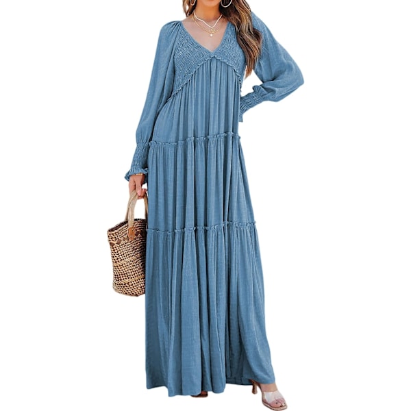 ivimos Maxiklänning för kvinnor Långärmad V-ringad Empire Midja Lager Ruffle Boho Casual Flytande Långa Klänningar Blå Medium